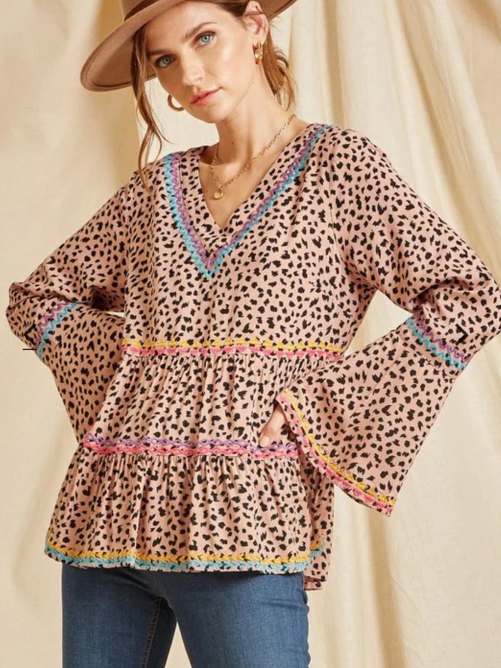 Savanna Jane Pink Leopard-Print V-Neck Peplum Tunic with Multicolor Trim